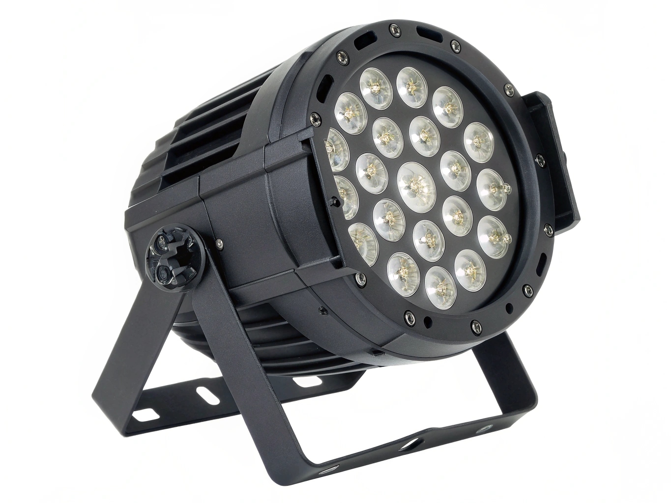 An image of a durable, black aluminum LED PAR can with its mounting yoke attached.