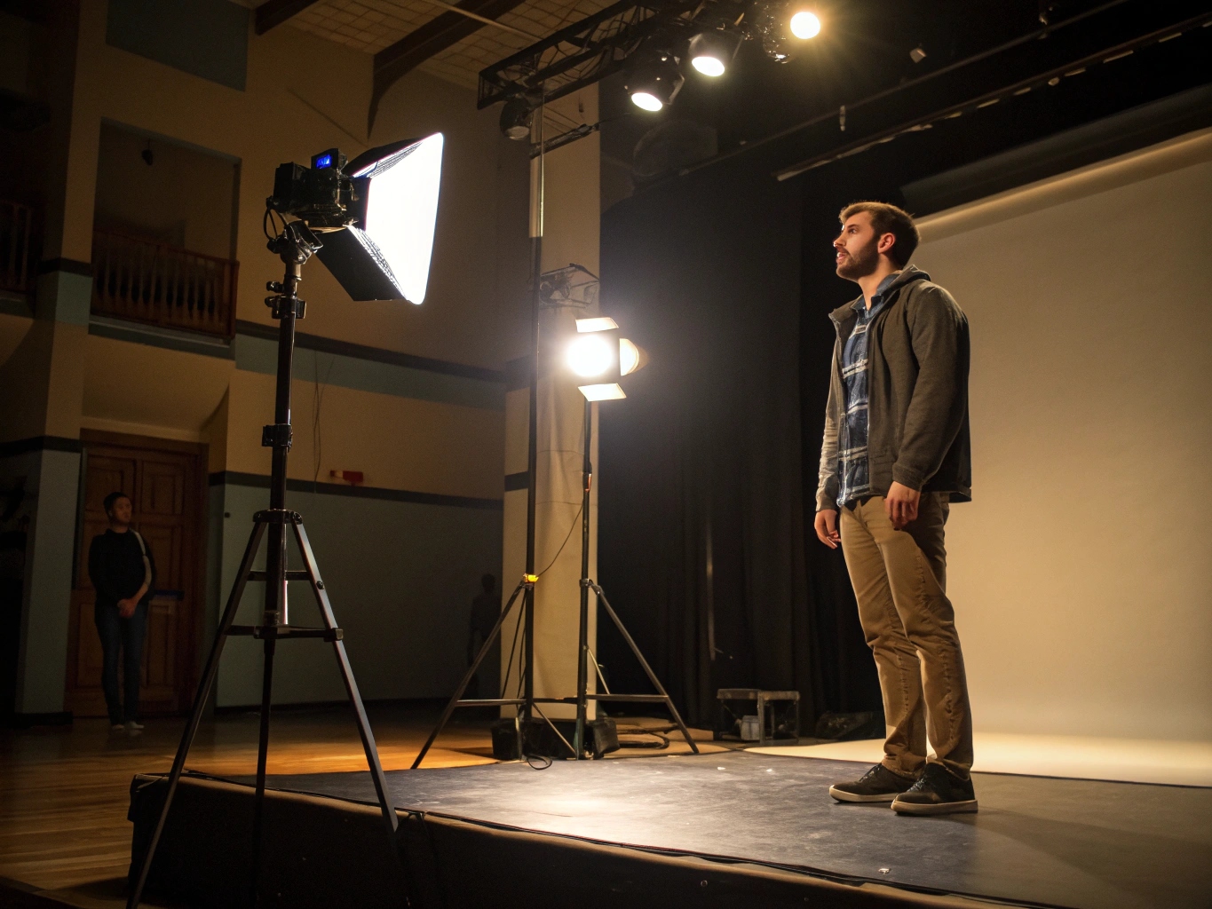 A diagram illustrating the setup of Key, Fill, and Back lights around a subject on stage.