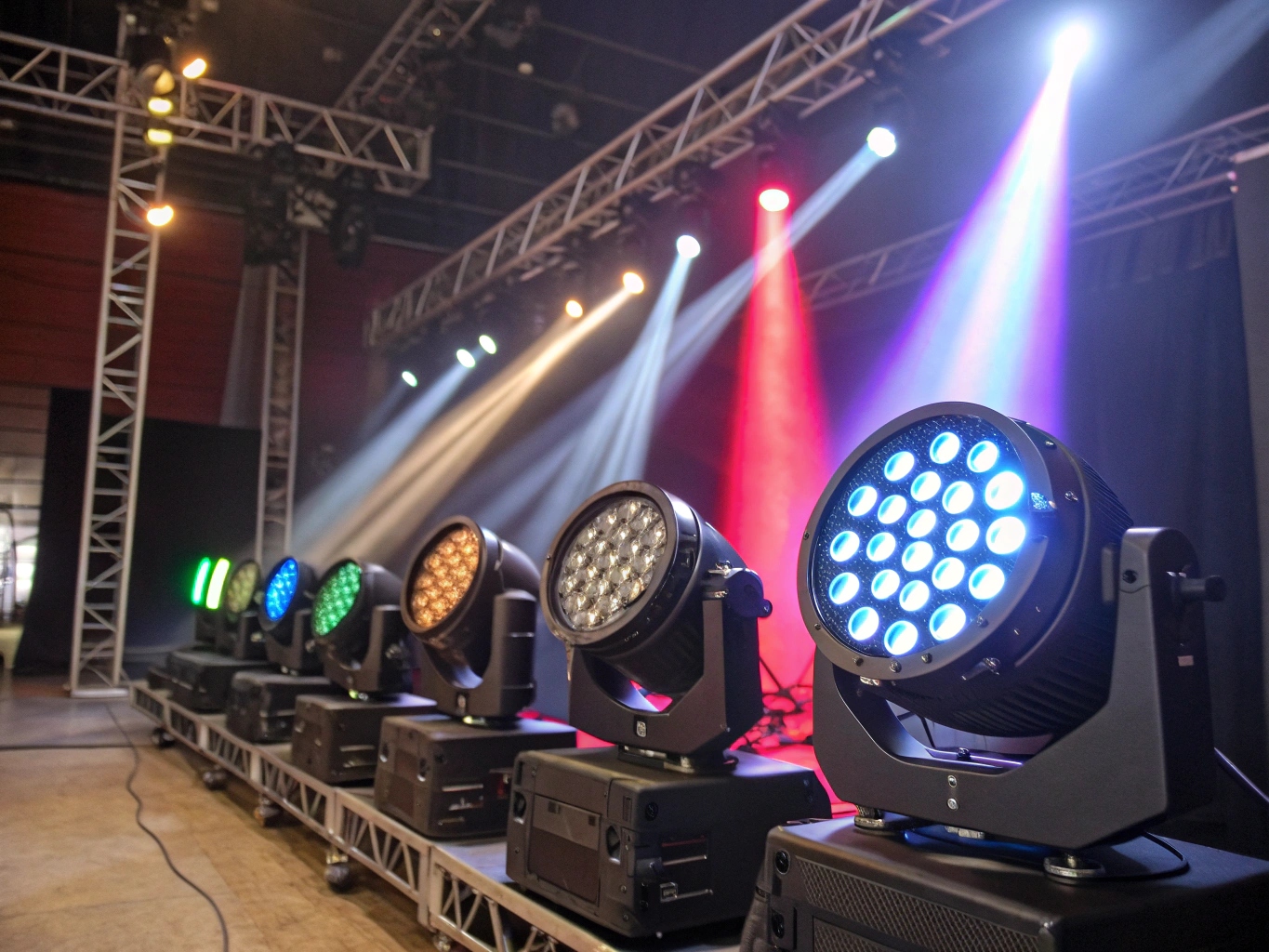 A lineup of different LED stage lights: a PAR, a Profile, a Fresnel, and a Moving Head.