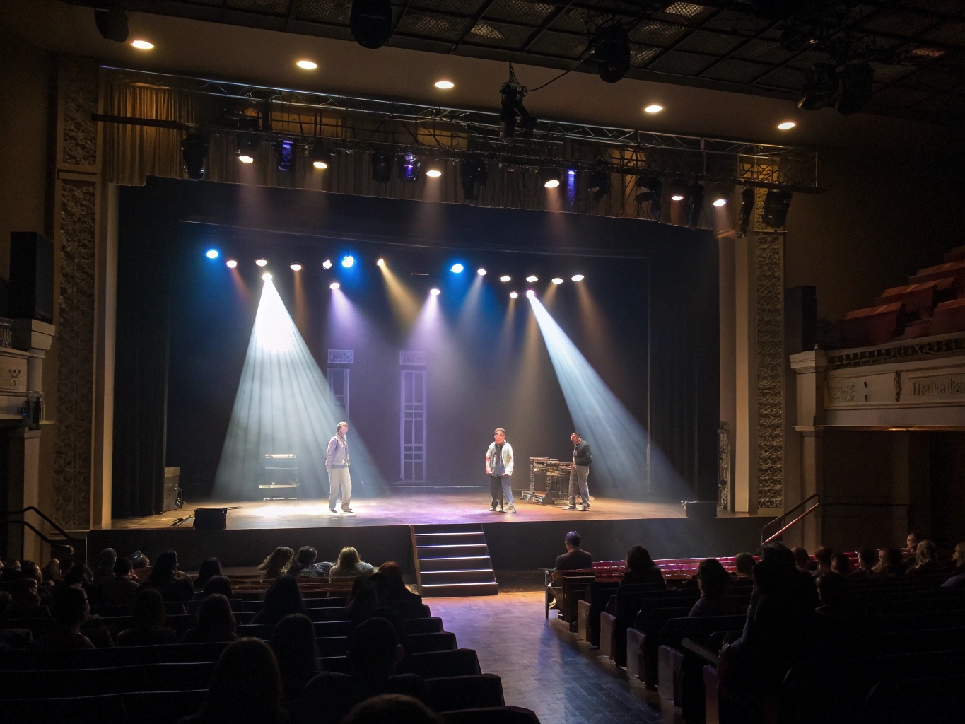 A collage of three images showing: 1) a clearly lit actor (Visibility), 2) a stage washed in blue light (Mood), 3) a single spotlight on a singer (Focus).