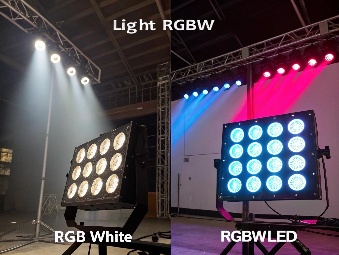 A stage bathed in a beautiful, soft pastel blue light from RGBW fixtures.
