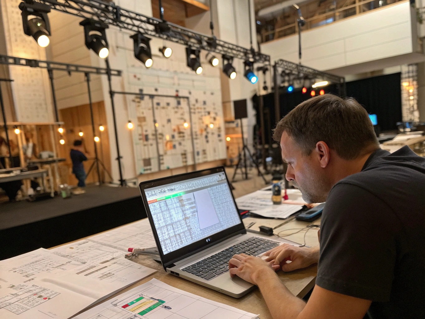 Choosing Stage Lighting for Any Event A panoramic view of a large, well-lit stage during an event, showcasing a variety of lights in use.