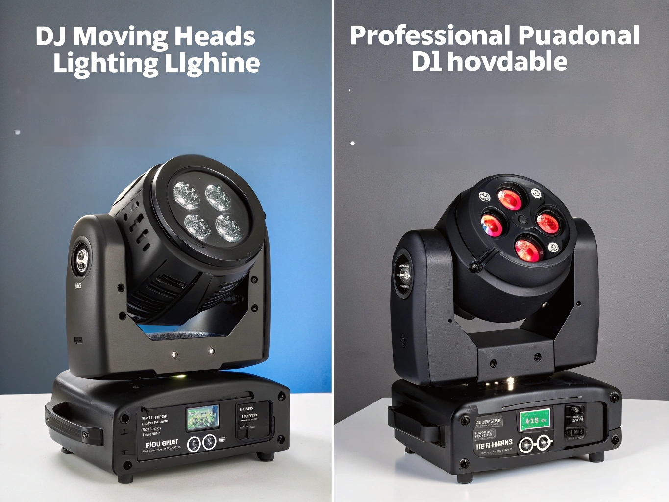 DJ Lights vs. Professional Touring Lights A split image: left side shows a small, portable DJ moving head at a party; right side shows large, rigged moving heads for a concert.
