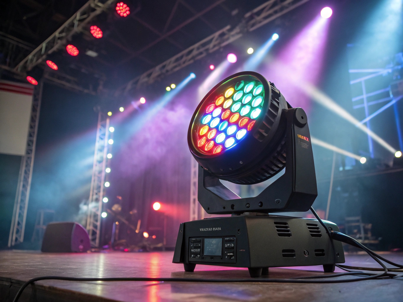 Professional Moving Head Wash Light A versatile moving head wash light projecting a wide, soft-edged beam of color onto a stage.