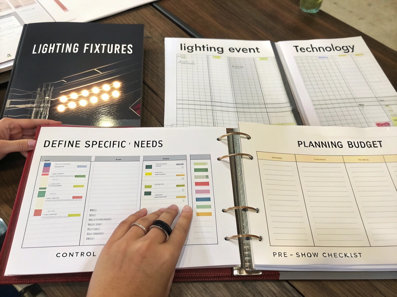 The Basics of Stage Lighting: Key, Wash, and Effect A visual guide illustrating the difference between Key light on a person, Wash light covering a background, and Effect light creating beams in the air.