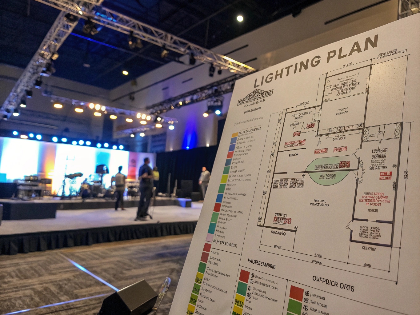 Defining Event Lighting Needs by Type and Mood A mood board showing different lighting styles: vibrant and dynamic for a concert, clean and white for a conference, warm and soft for a wedding.