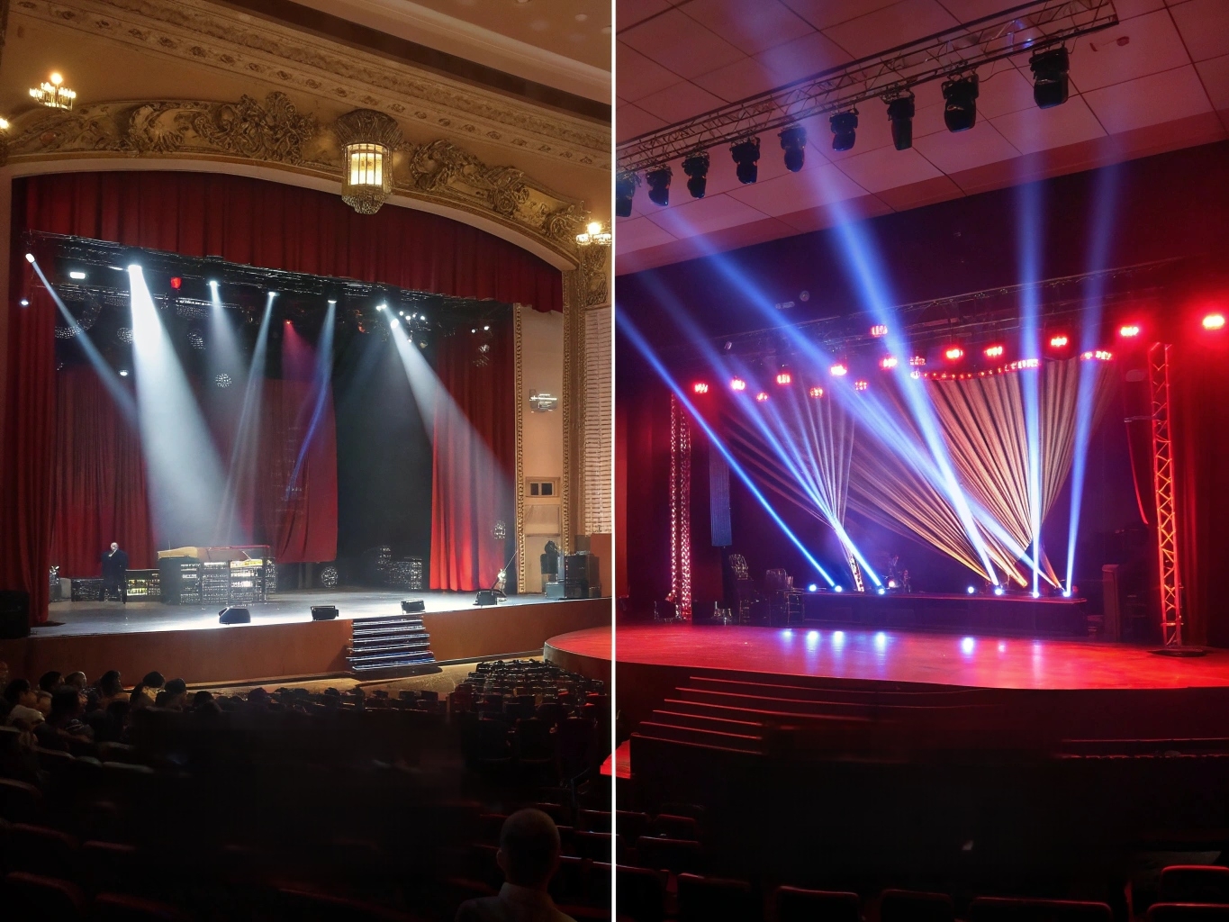LED vs. Laser Stage Lighting Comparison A split-screen image showing a stage washed in soft LED light on the left, and the same stage with sharp laser beams cutting through the air on the right.