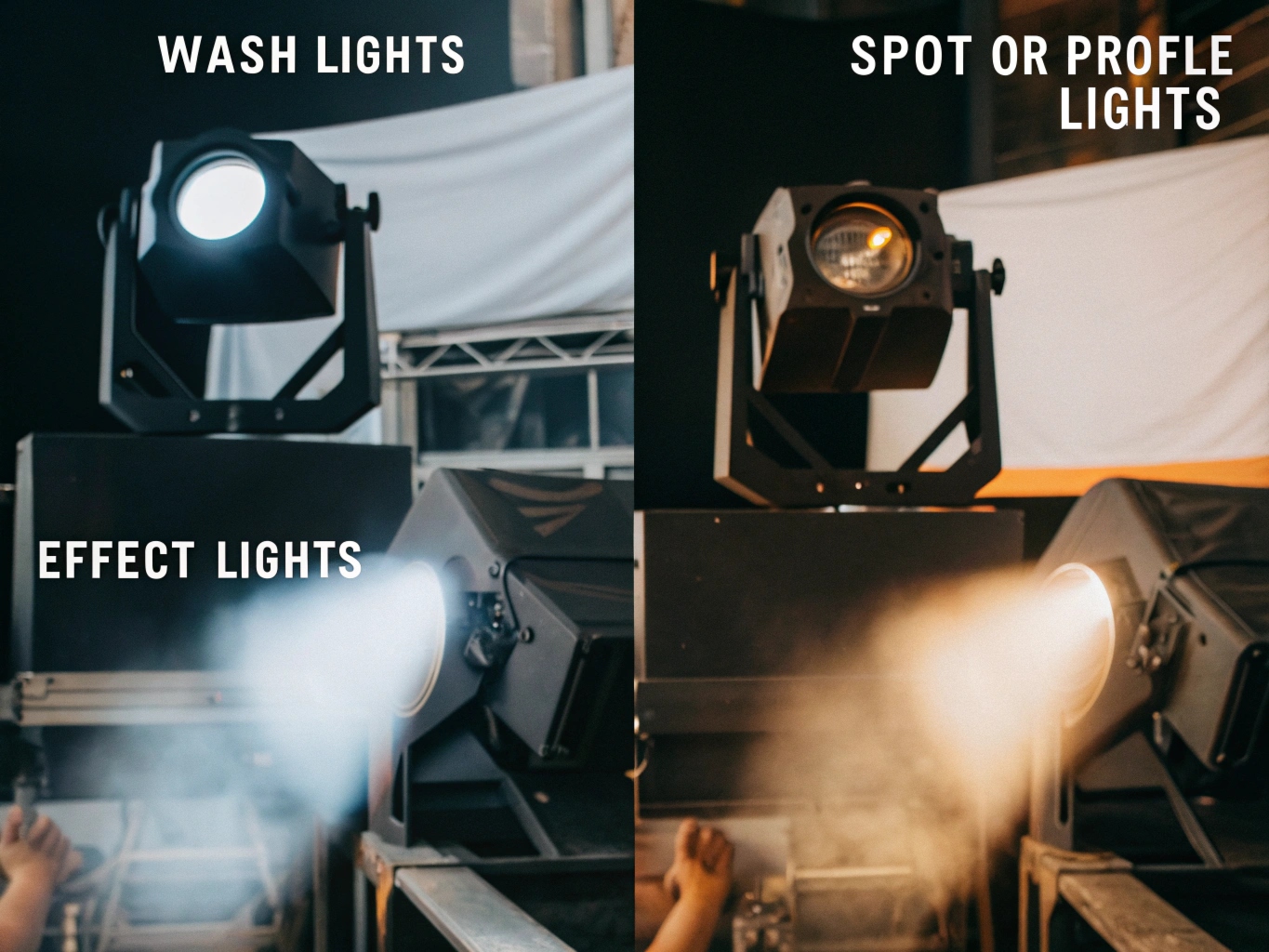 An illustration showing the three main types of stage lights: a soft wash, a hard-edged spot, and a moving head effect light.